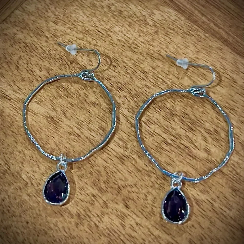Purple -Textured Silver Hoop Drop Earrings Dark Purple Charm Formal Casual Chic